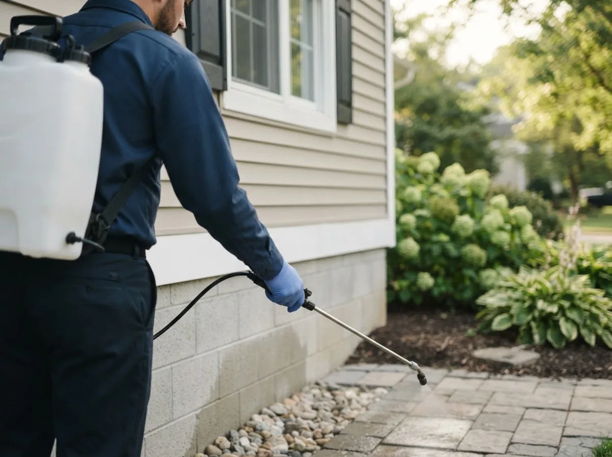 Pest control technician inspecting a home in Palmyra, IL